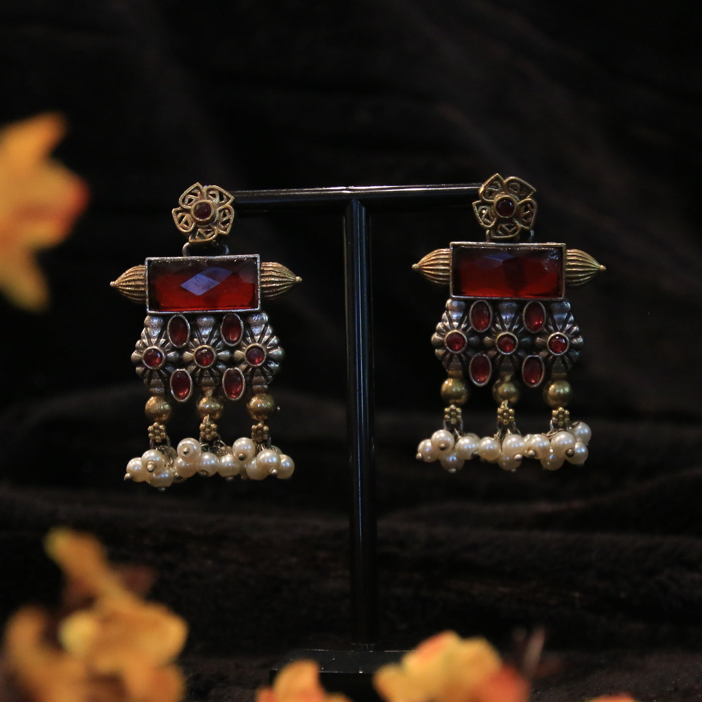 Oxidized Dual Tone Earring with Colored Stones