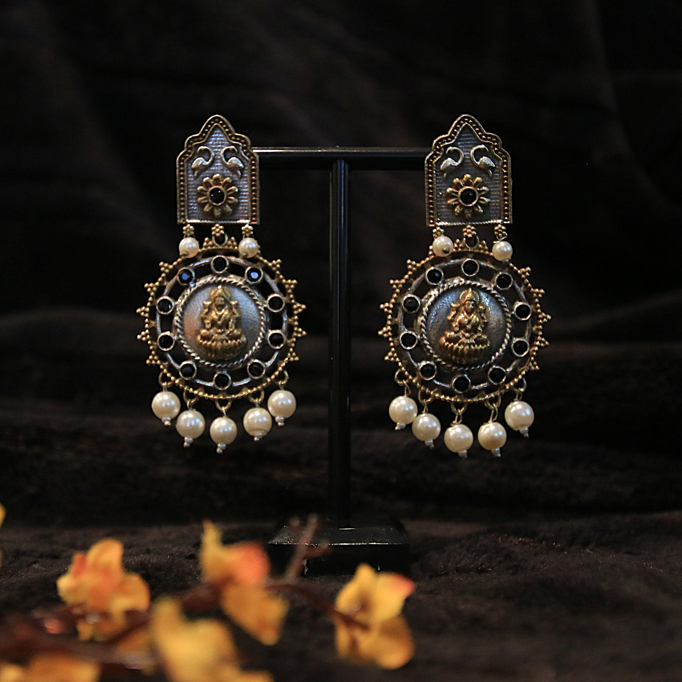 Oxidized Dual Tone Earring with Goddess Embossment