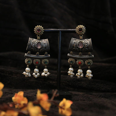 Oxidized Dual Tone Earring with Multi Color stones