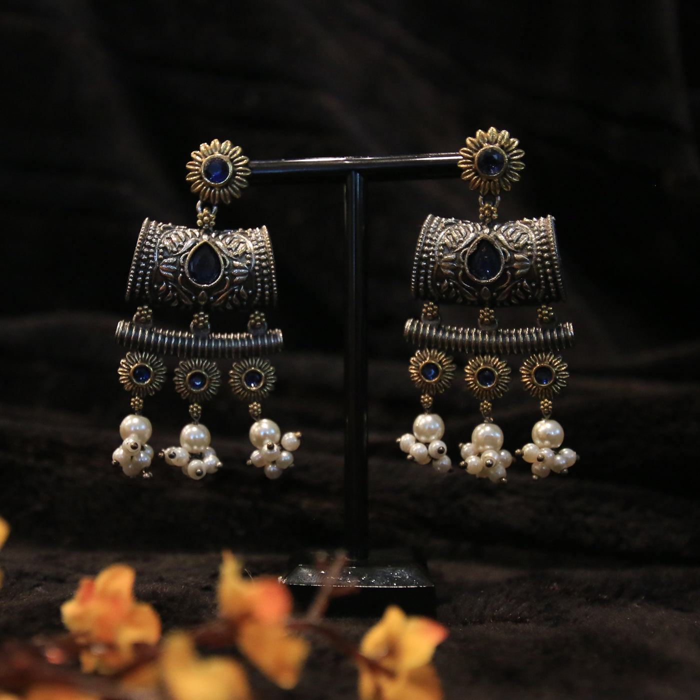 Oxidized Dual Tone Earring with Multi Color stones