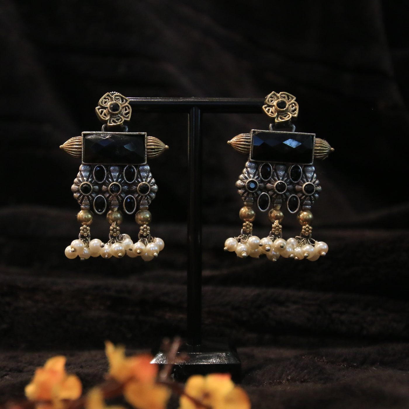 Oxidized Dual Tone Earring with Colored Stones