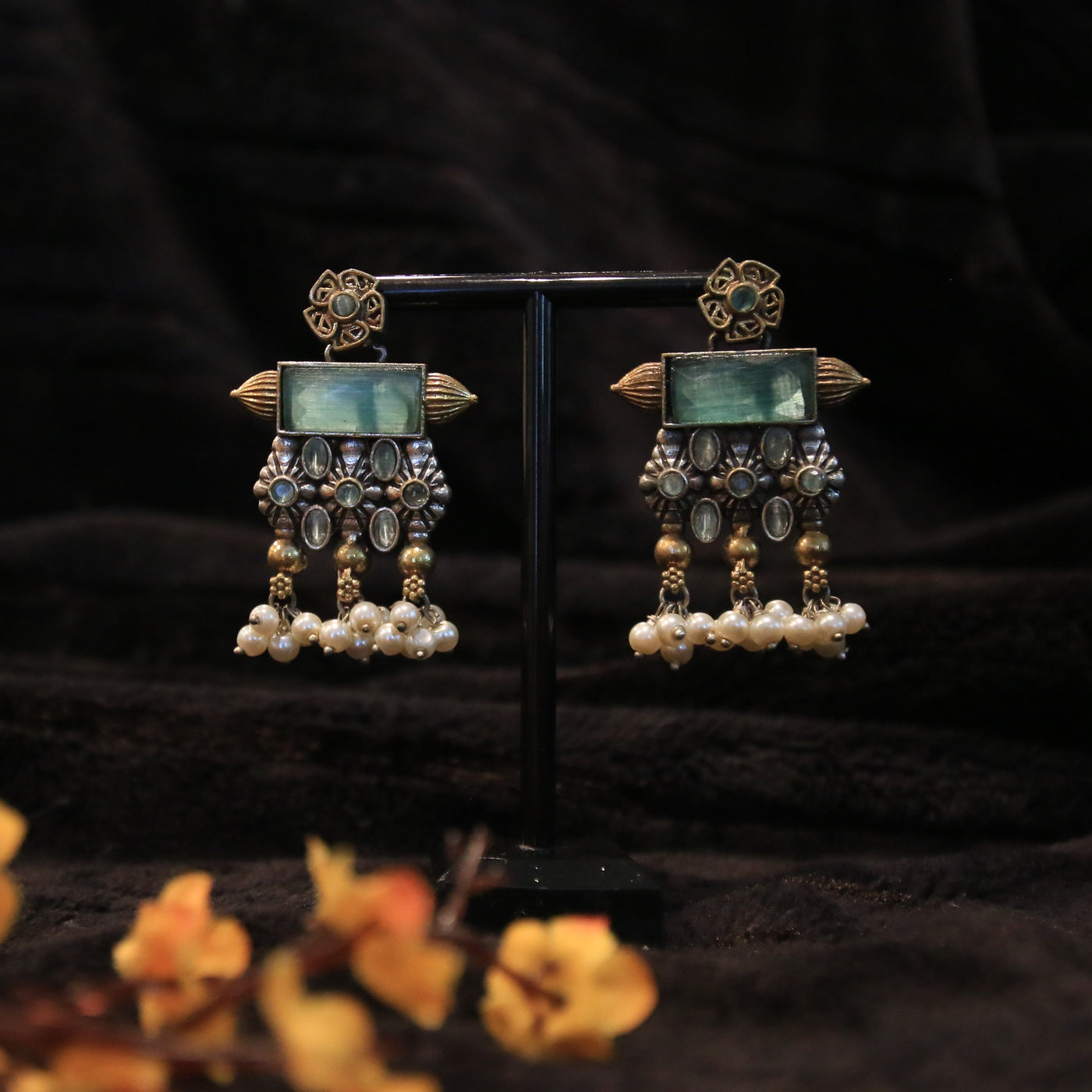 Oxidized Dual Tone Earring with Colored Stones