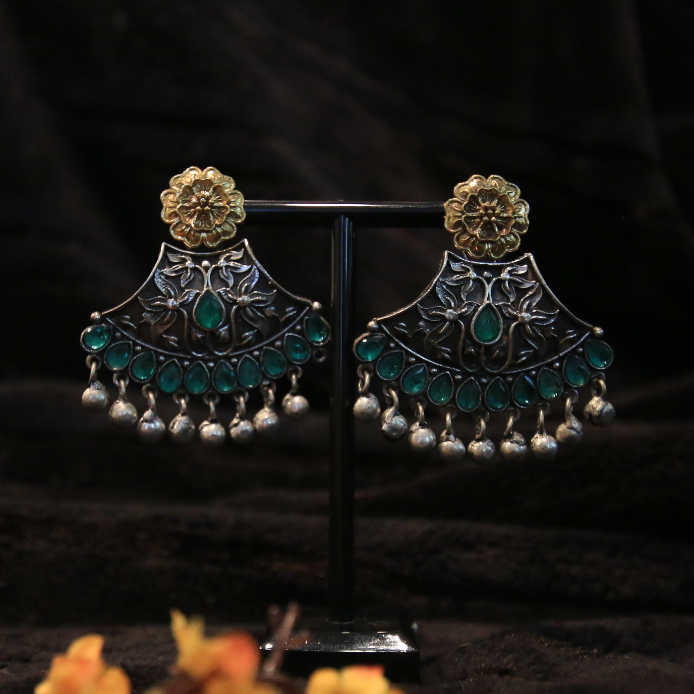 Oxidized Dual Tone Earring with Green Stones