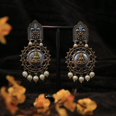 Oxidized Dual Tone Earring with Goddess Embossment