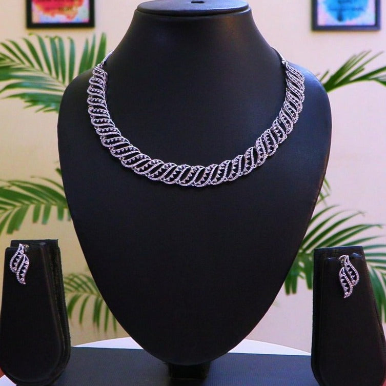 Cubic Zircon Diamond Necklace Set in Silver Tone - Laasya Trends