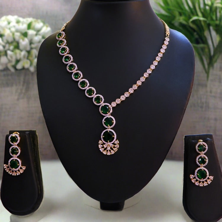 Green Emerald Stone Gold Tone Statement CZ AD Necklace Set