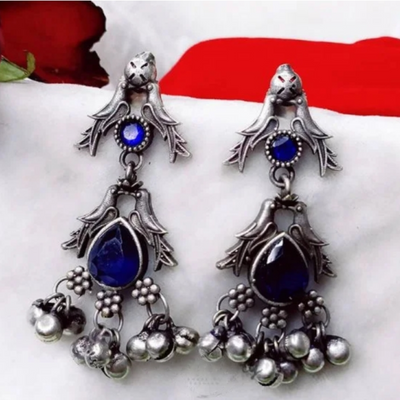 Oxidized Antique Silver tone Small Earrings with Stones and Charms