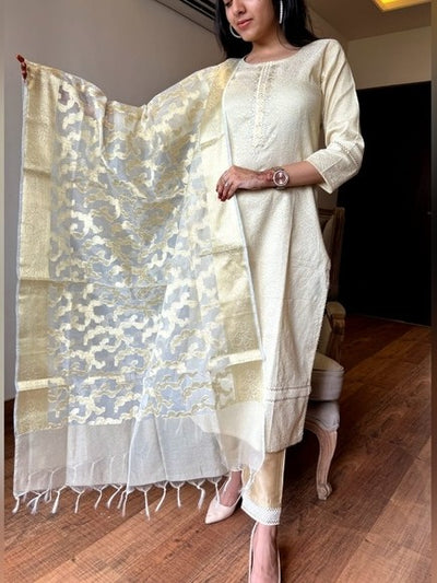 Off White Jacquard Brocade Banarsi Suit