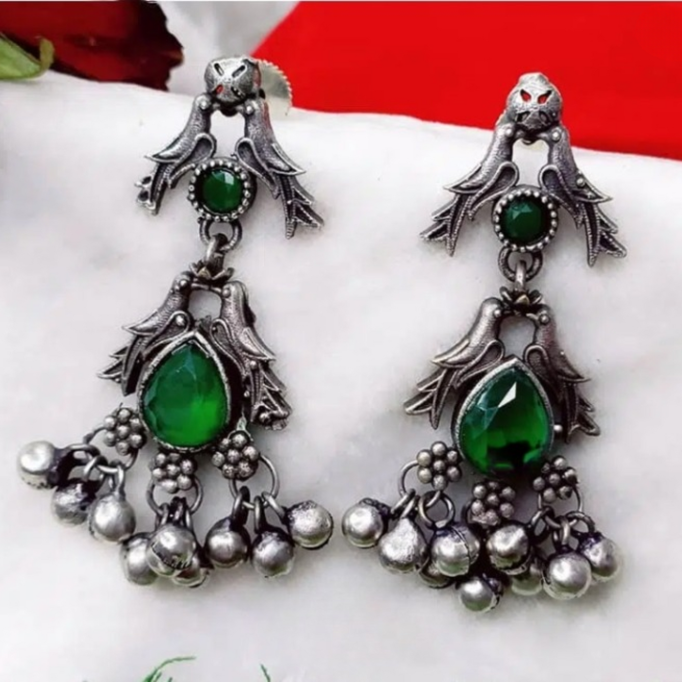 Oxidized Antique Silver tone Small Earrings with Stones and Charms