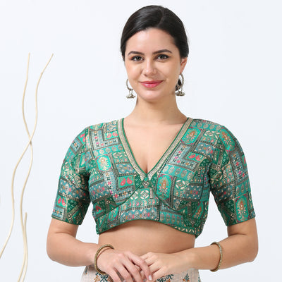 Green Silk Print  Saree Blouse / Readymade Saree Blouse/ Blouse for Women USA