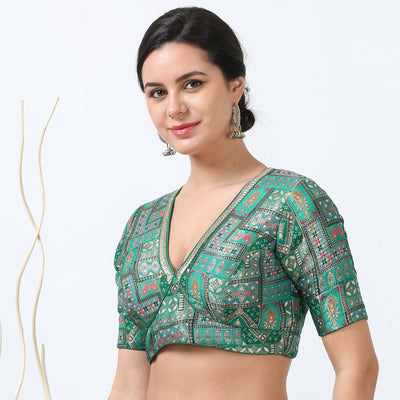 Green Silk Print  Saree Blouse / Readymade Saree Blouse/ Blouse for Women USA