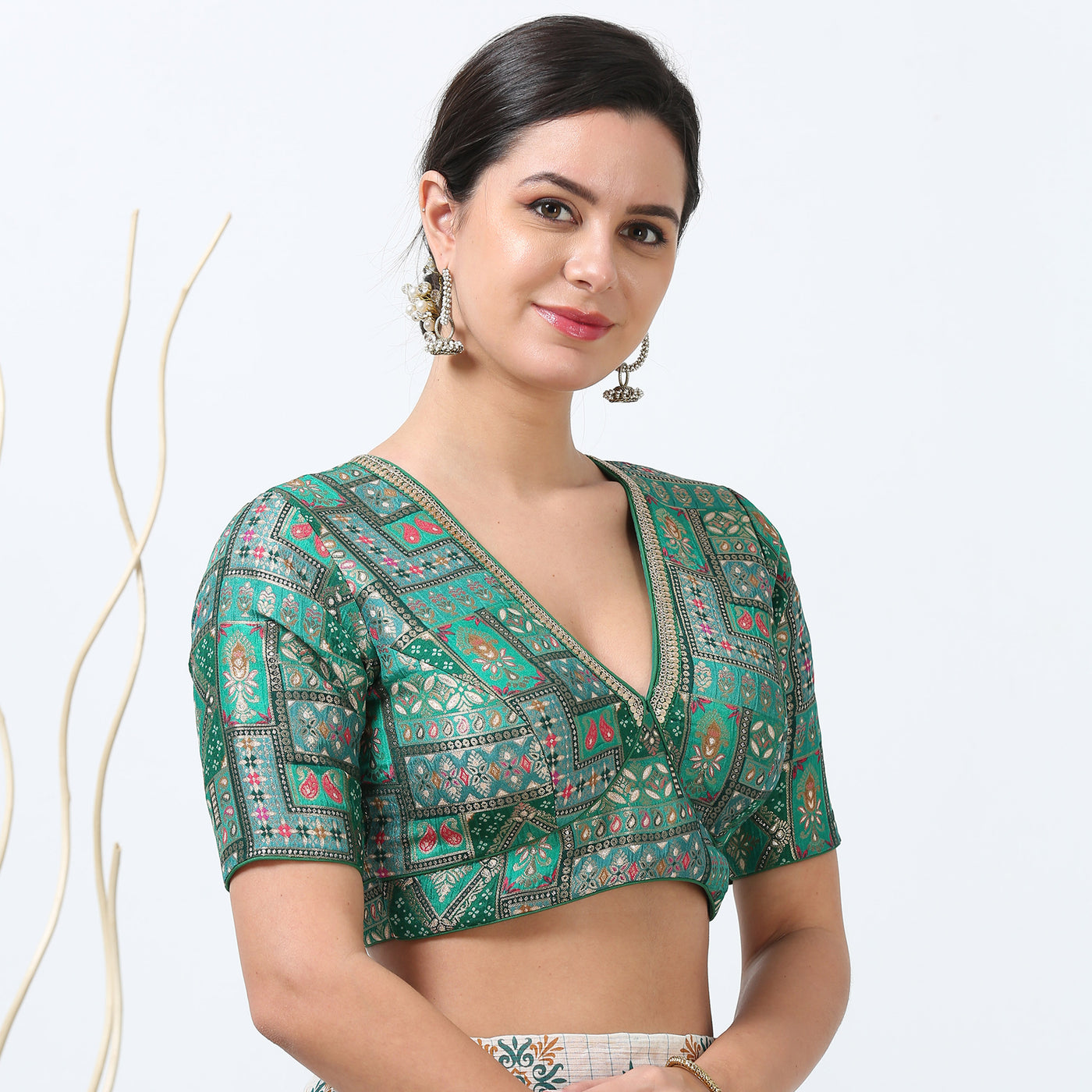 Green Silk Print  Saree Blouse / Readymade Saree Blouse/ Blouse for Women USA