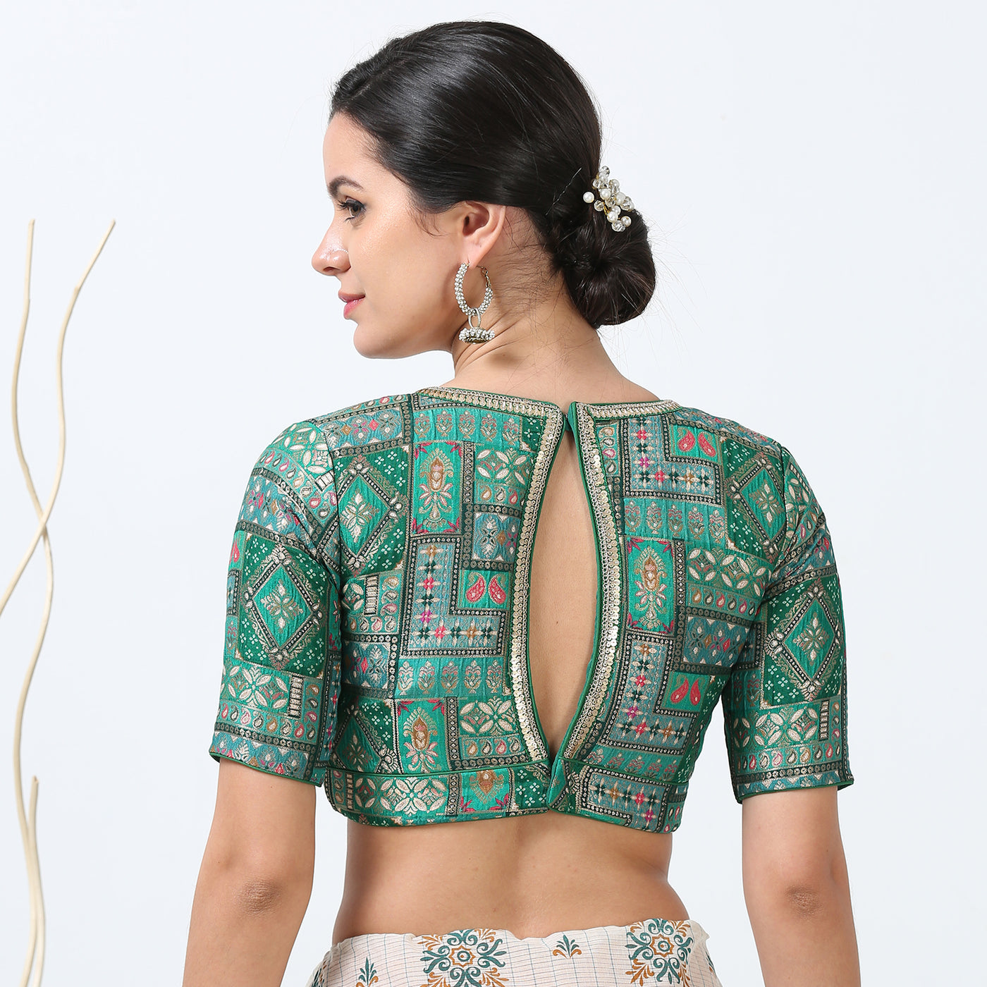 Green Silk Print  Saree Blouse / Readymade Saree Blouse/ Blouse for Women USA