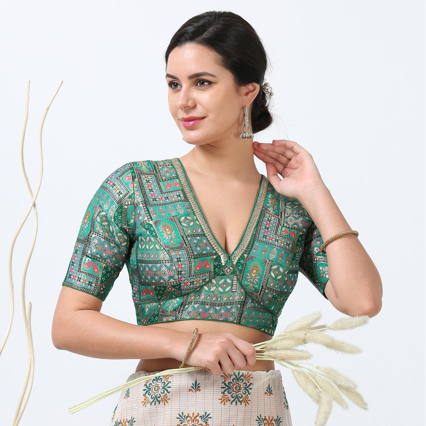 Green Silk Print  Saree Blouse / Readymade Saree Blouse/ Blouse for Women USA