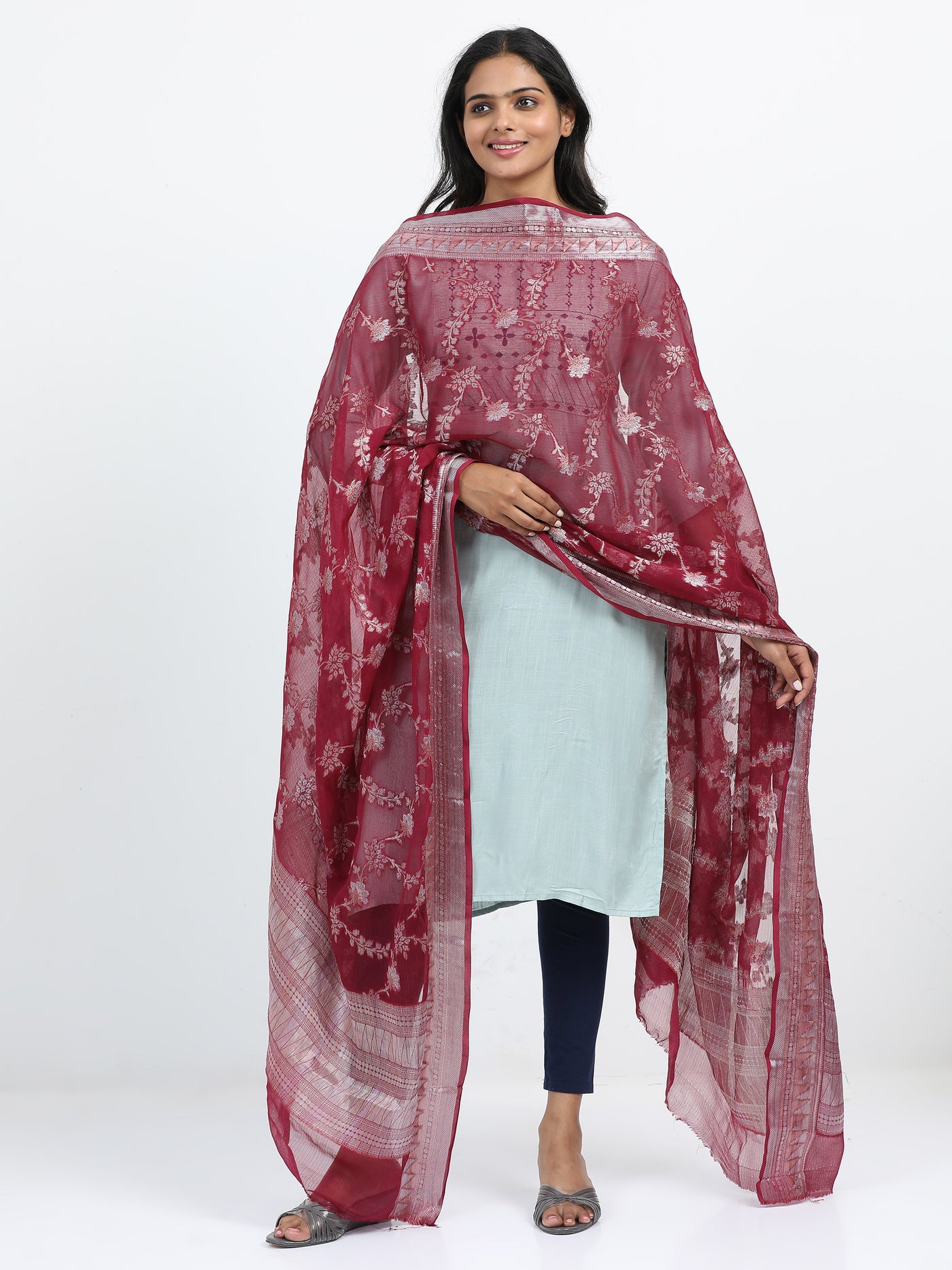 Maroon Pure Chiffon Banarasi Dupatta with Gold Zari Jaal Weaving