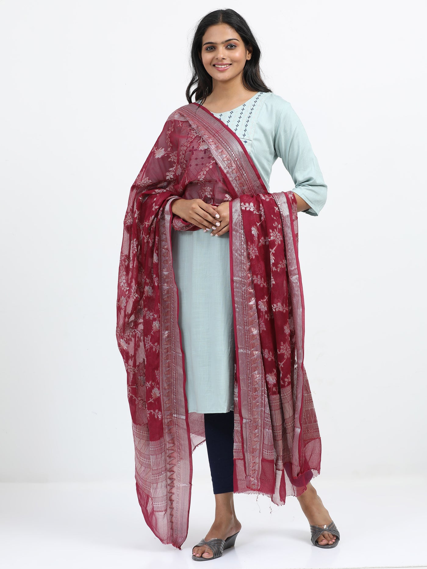 Maroon Pure Chiffon Banarasi Dupatta with Gold Zari Jaal Weaving