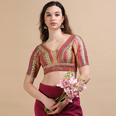 Multicolor Brocade V-Neck Saree Blouse