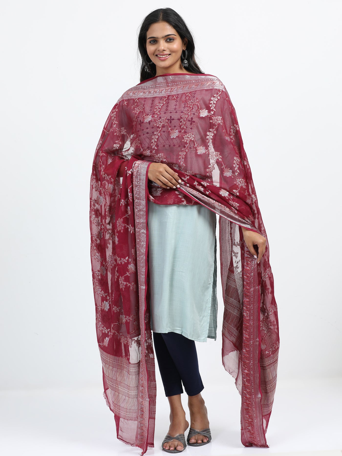 Maroon Pure Chiffon Banarasi Dupatta with Gold Zari Jaal Weaving