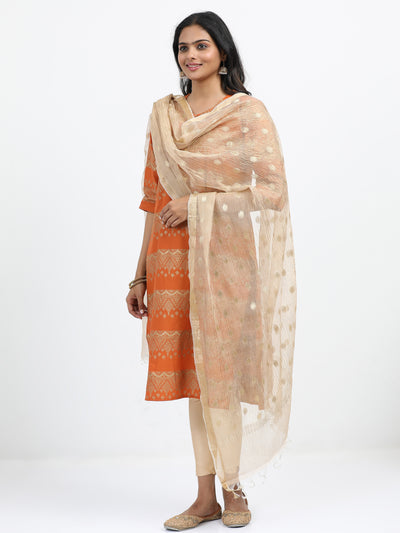 Gold Crush Tissue Banarasi Dupatta with Gold Zari Weaving and Tasseled Edges