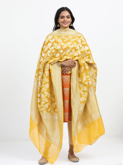 Majestic Yellow Georgette Silk Banarasi Dupatta with Jaal Zari Weaving