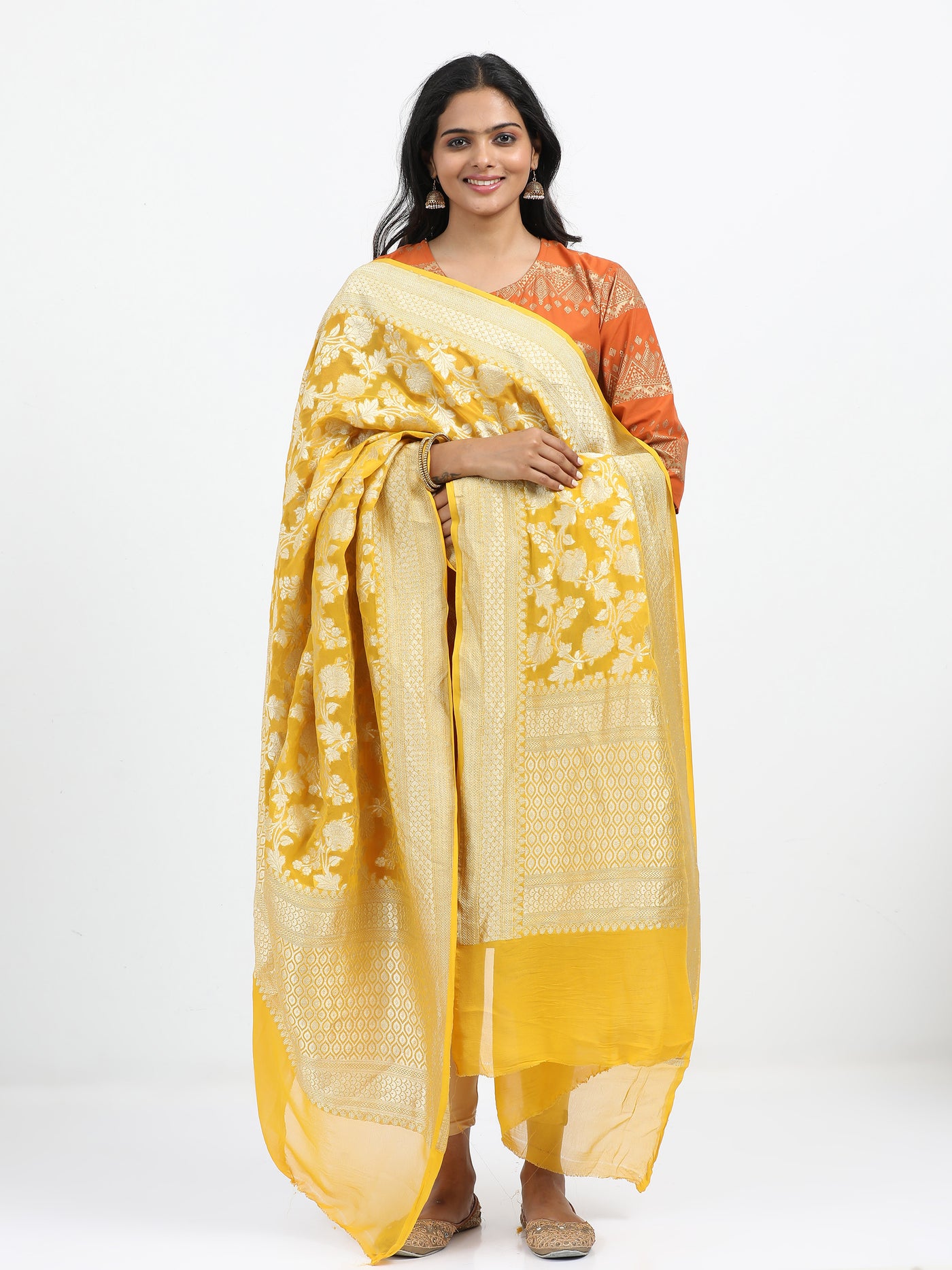 Majestic Yellow Georgette Silk Banarasi Dupatta with Jaal Zari Weaving