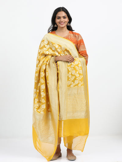 Majestic Yellow Georgette Silk Banarasi Dupatta with Jaal Zari Weaving