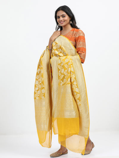 Majestic Yellow Georgette Silk Banarasi Dupatta with Jaal Zari Weaving