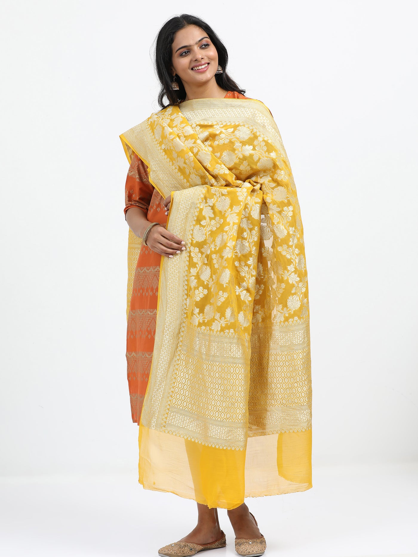 Majestic Yellow Georgette Silk Banarasi Dupatta with Jaal Zari Weaving