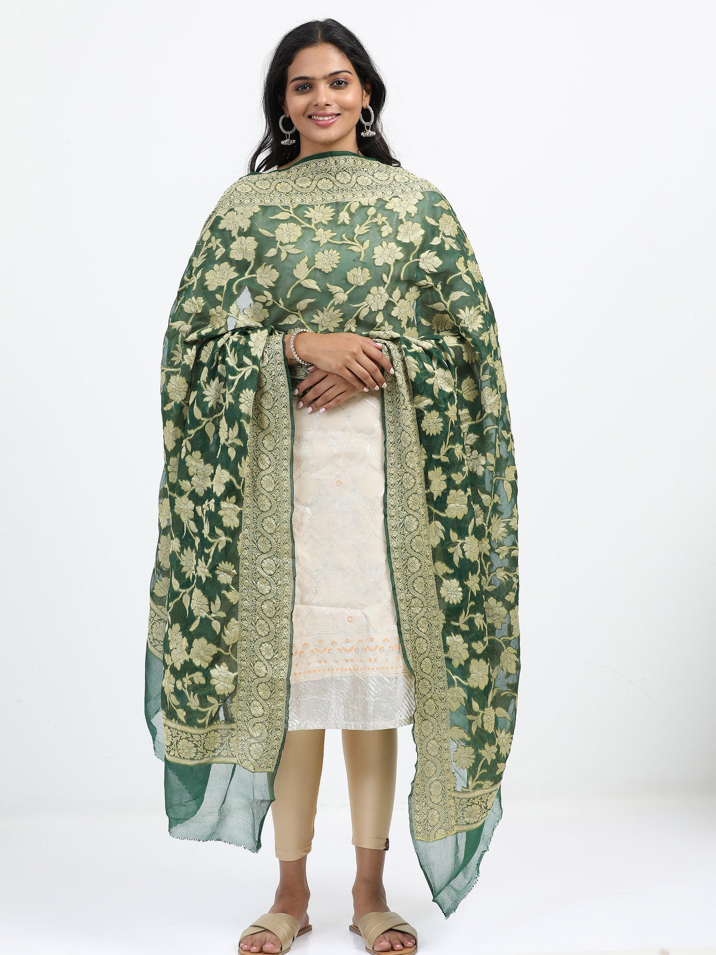 Green Chiffon Banarasi Dupatta with Gold Zari Weaving & Jaal Pattern