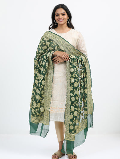 Green Chiffon Banarasi Dupatta with Gold Zari Weaving & Jaal Pattern