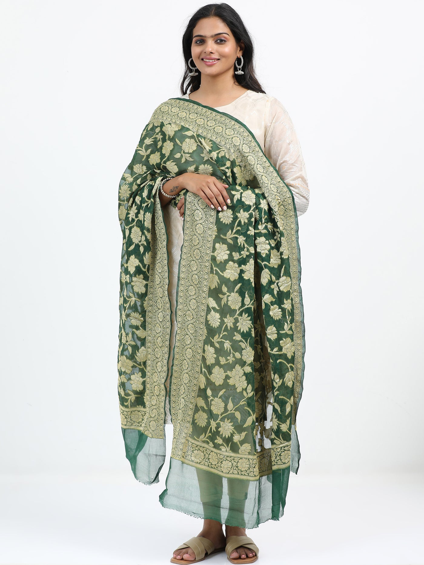 Green Chiffon Banarasi Dupatta with Gold Zari Weaving & Jaal Pattern