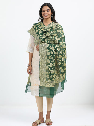 Green Chiffon Banarasi Dupatta with Gold Zari Weaving & Jaal Pattern