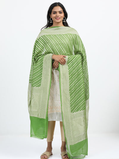 Graceful Green Georgette Silk Banarasi Dupatta with Silver Zari Stripes & Jaal Pattern