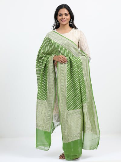 Graceful Green Georgette Silk Banarasi Dupatta with Silver Zari Stripes & Jaal Pattern