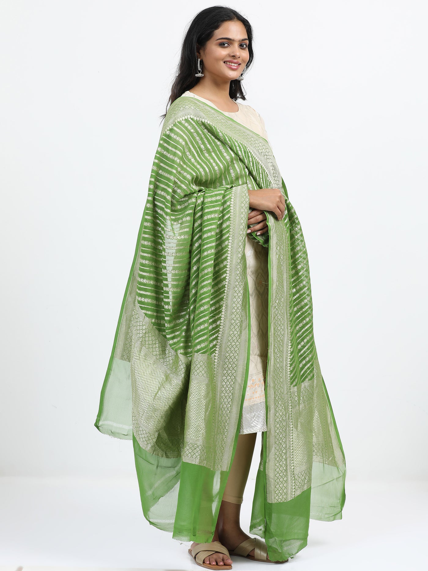 Graceful Green Georgette Silk Banarasi Dupatta with Silver Zari Stripes & Jaal Pattern