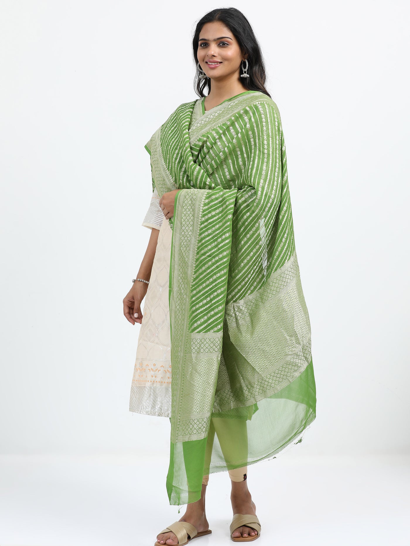 Graceful Green Georgette Silk Banarasi Dupatta with Silver Zari Stripes & Jaal Pattern