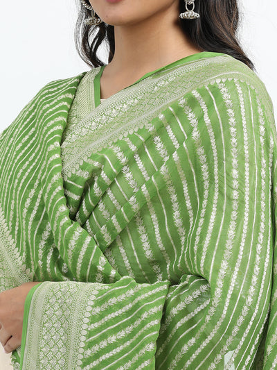 Graceful Green Georgette Silk Banarasi Dupatta with Silver Zari Stripes & Jaal Pattern