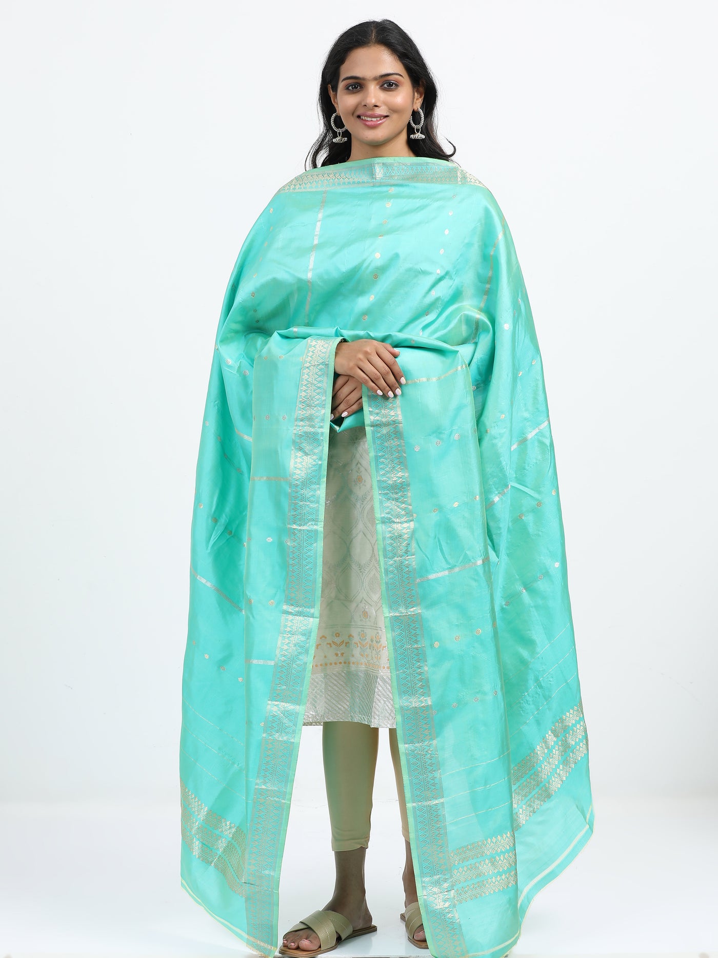 Aqua Blue Pure Katan Silk Banarasi Dupatta with Silver Zari accents