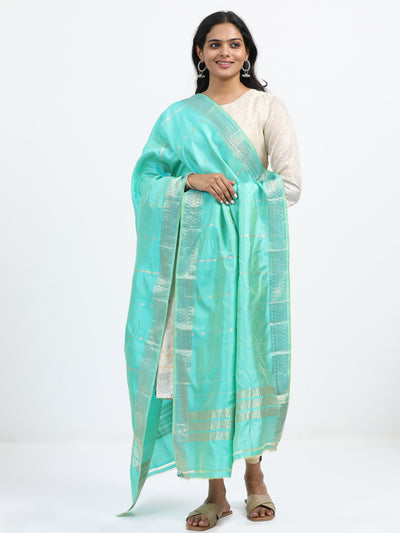 Aqua Blue Pure Katan Silk Banarasi Dupatta with Silver Zari accents