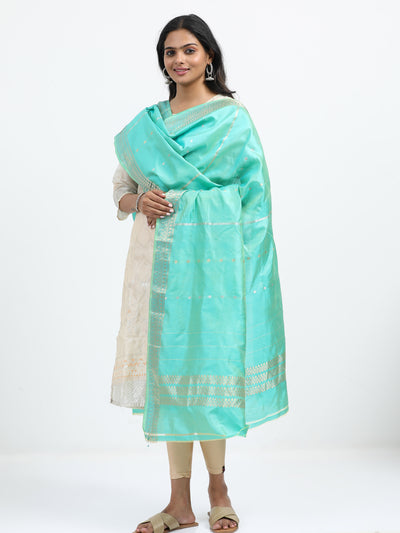 Aqua Blue Pure Katan Silk Banarasi Dupatta with Silver Zari accents