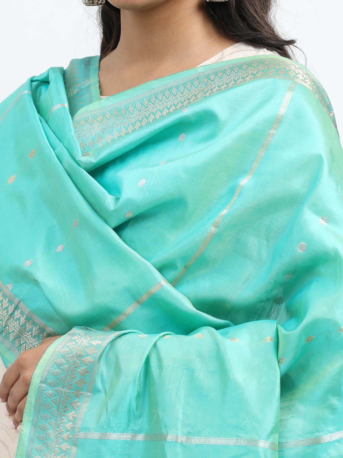 Aqua Blue Pure Katan Silk Banarasi Dupatta with Silver Zari accents