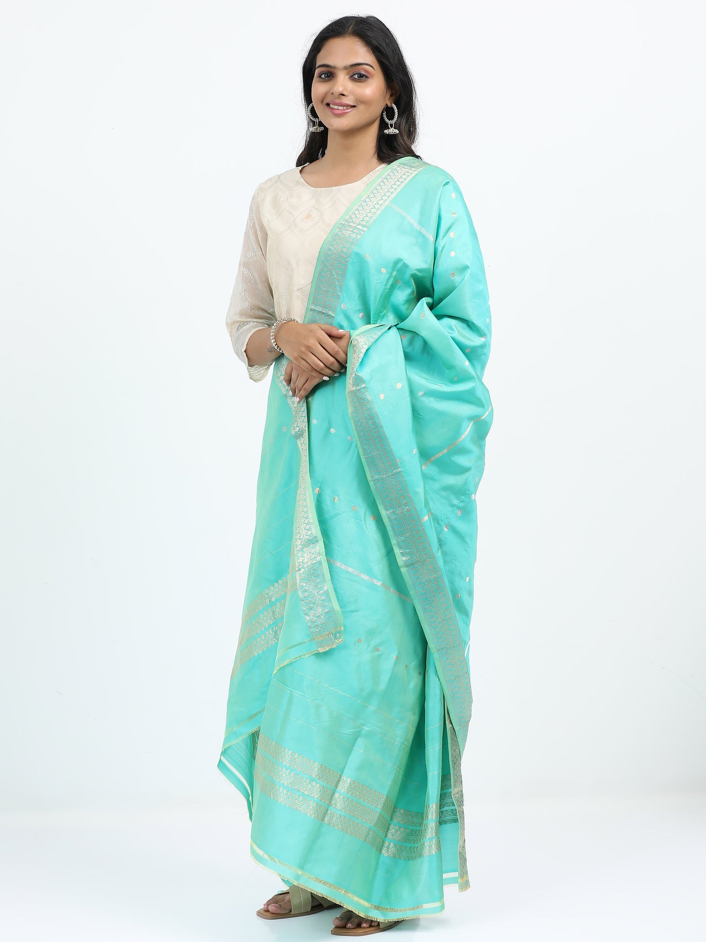 Aqua Blue Pure Katan Silk Banarasi Dupatta with Silver Zari accents