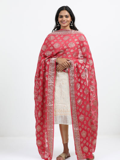 Crimson Red Chiffon Banarasi Dupatta with Gold Zari Motifs - Laasya Trends
