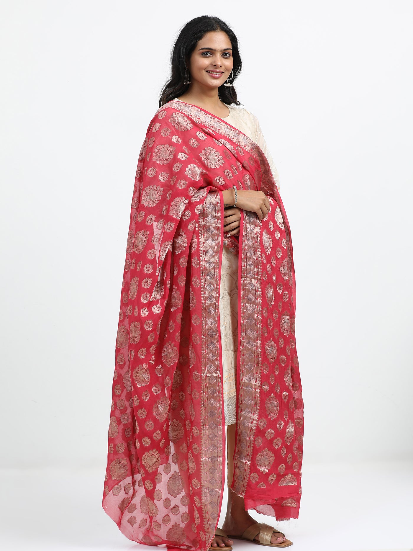 Crimson Red Chiffon Banarasi Dupatta with Gold Zari Motifs