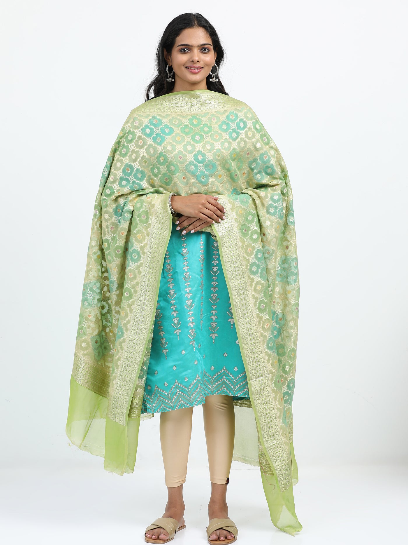 Pure Georgette Silk Rangkat Meenakari Green Banarasi Dupatta with Zari Border