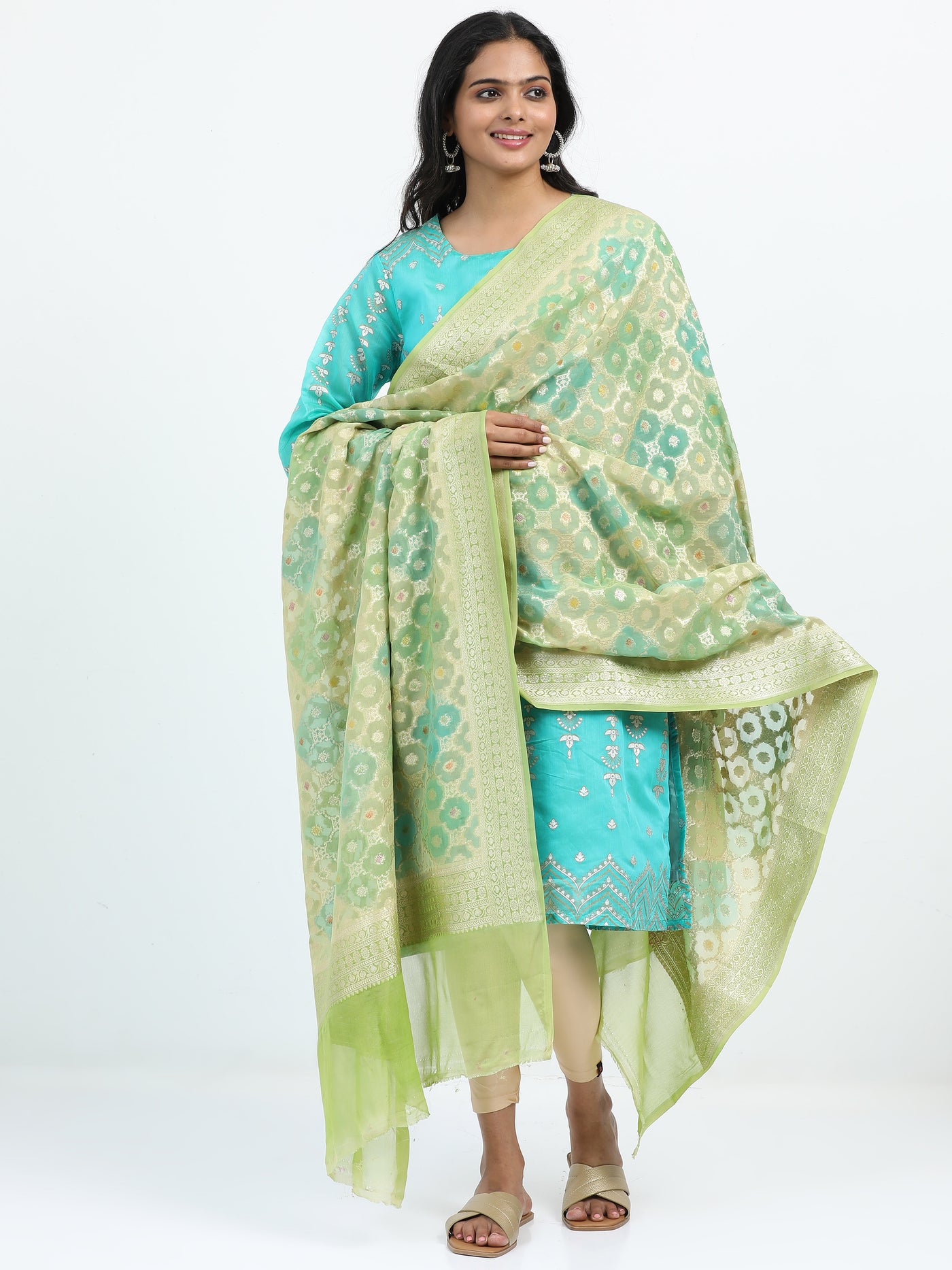 Pure Georgette Silk Rangkat Meenakari Green Banarasi Dupatta with Zari Border