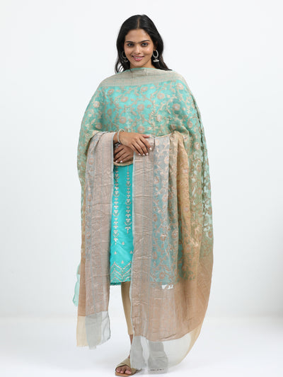 Pure Chiffon Sona Rupa Zari Double Blue and Beige Shaded Ombre Dupatta with Ornate Border