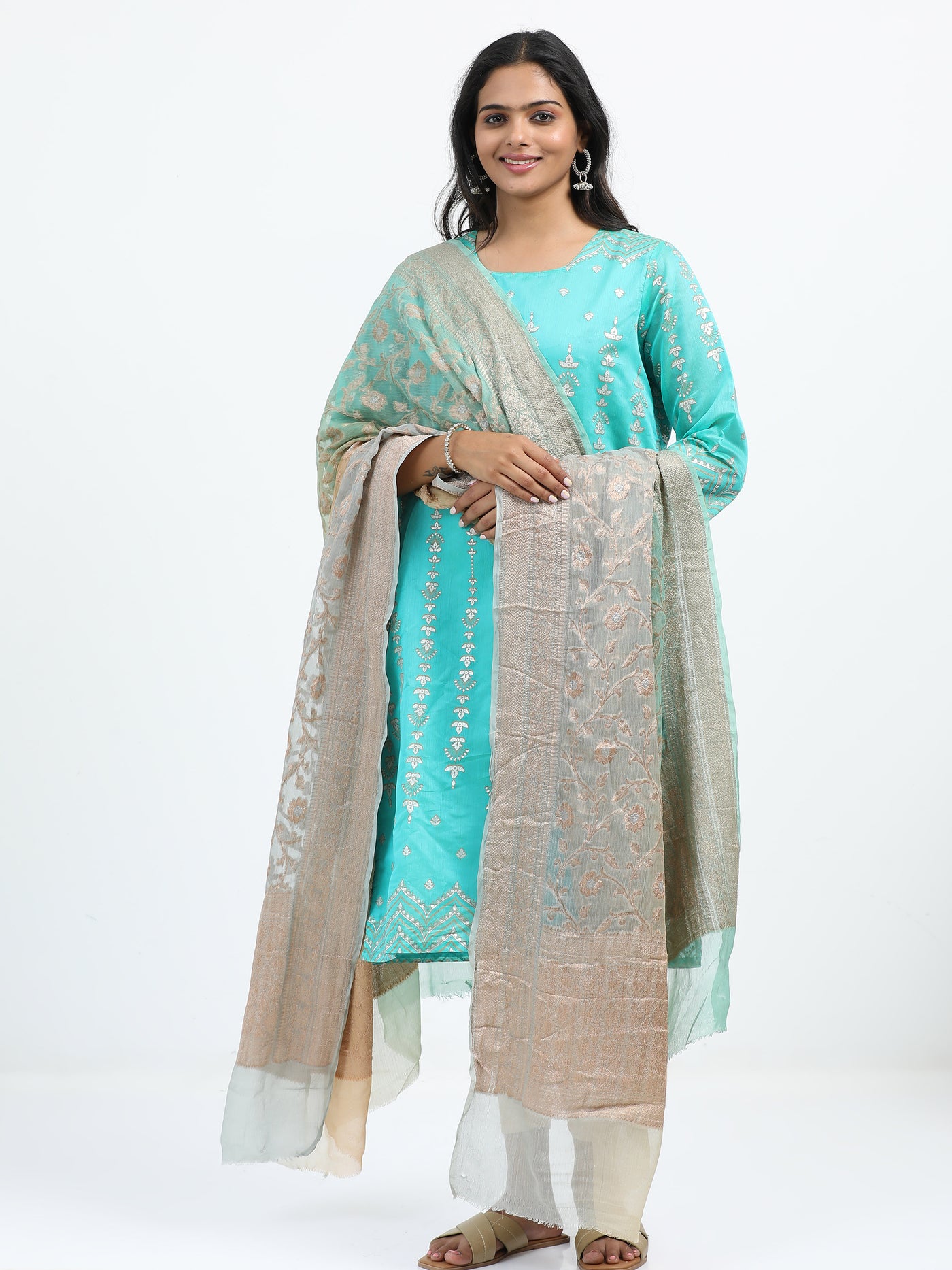 Pure Chiffon Sona Rupa Zari Double Blue and Beige Shaded Ombre Dupatta with Ornate Border