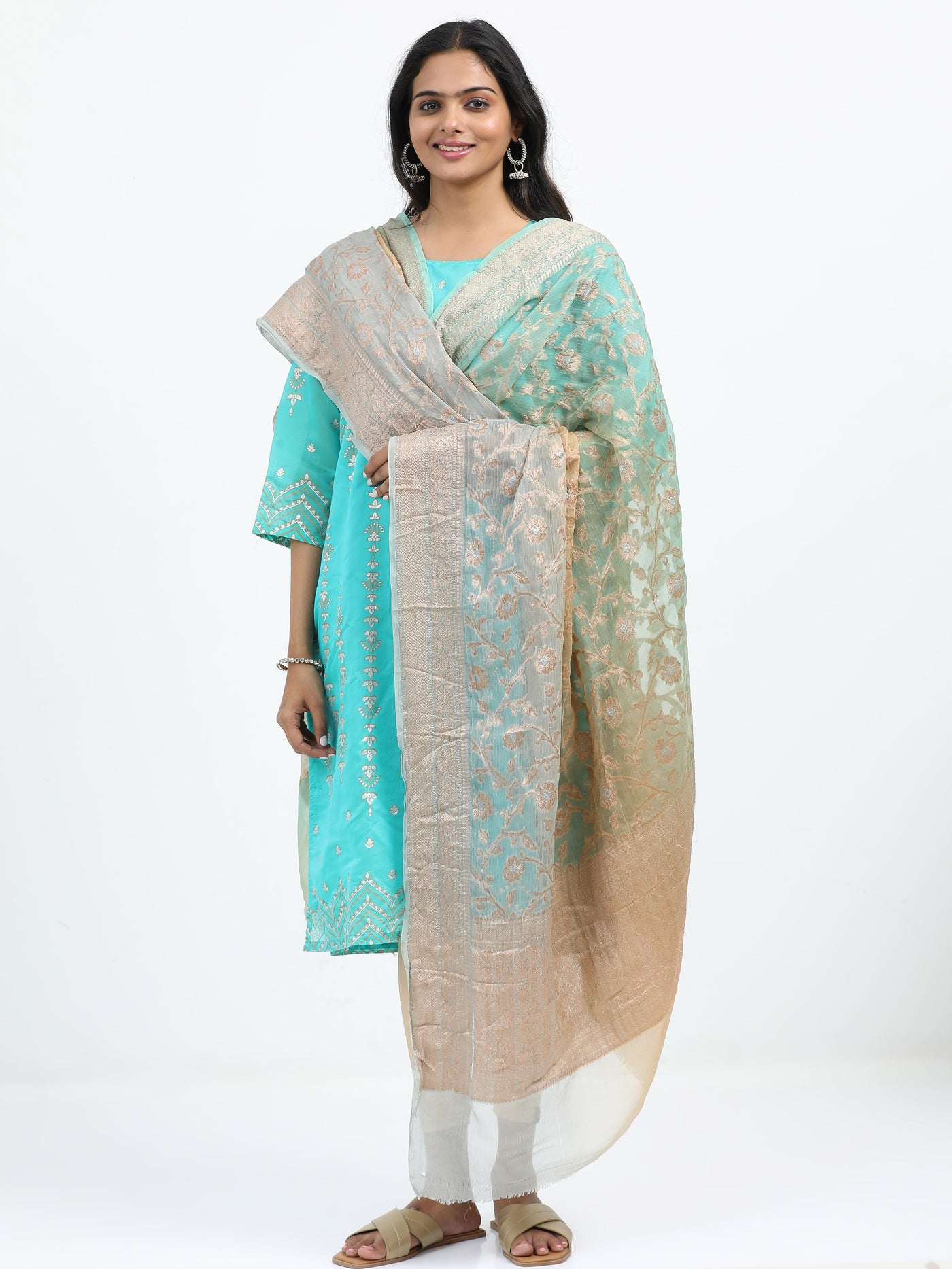 Pure Chiffon Sona Rupa Zari Double Blue and Beige Shaded Ombre Dupatta with Ornate Border