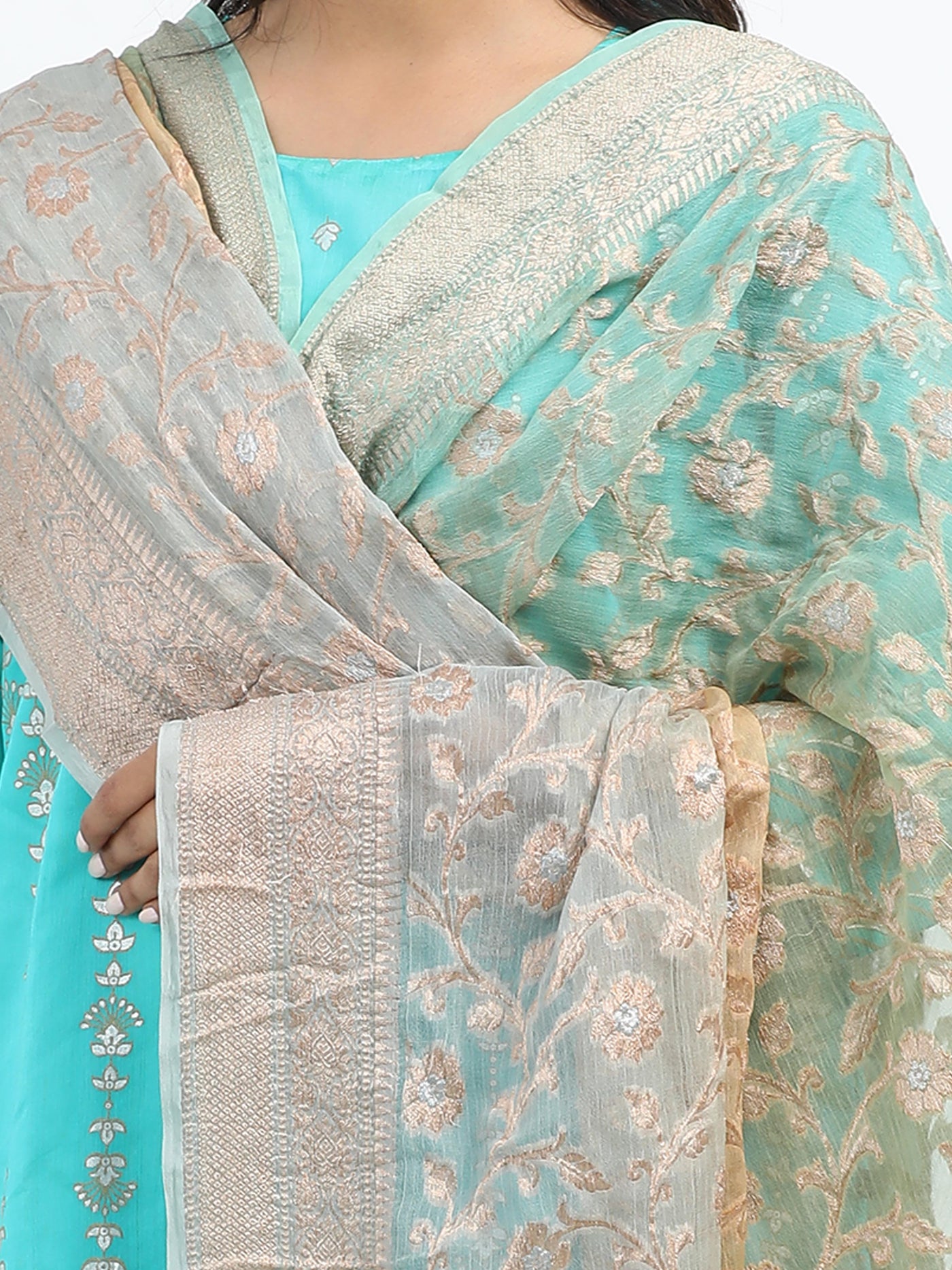 Pure Chiffon Sona Rupa Zari Double Blue and Beige Shaded Ombre Dupatta with Ornate Border